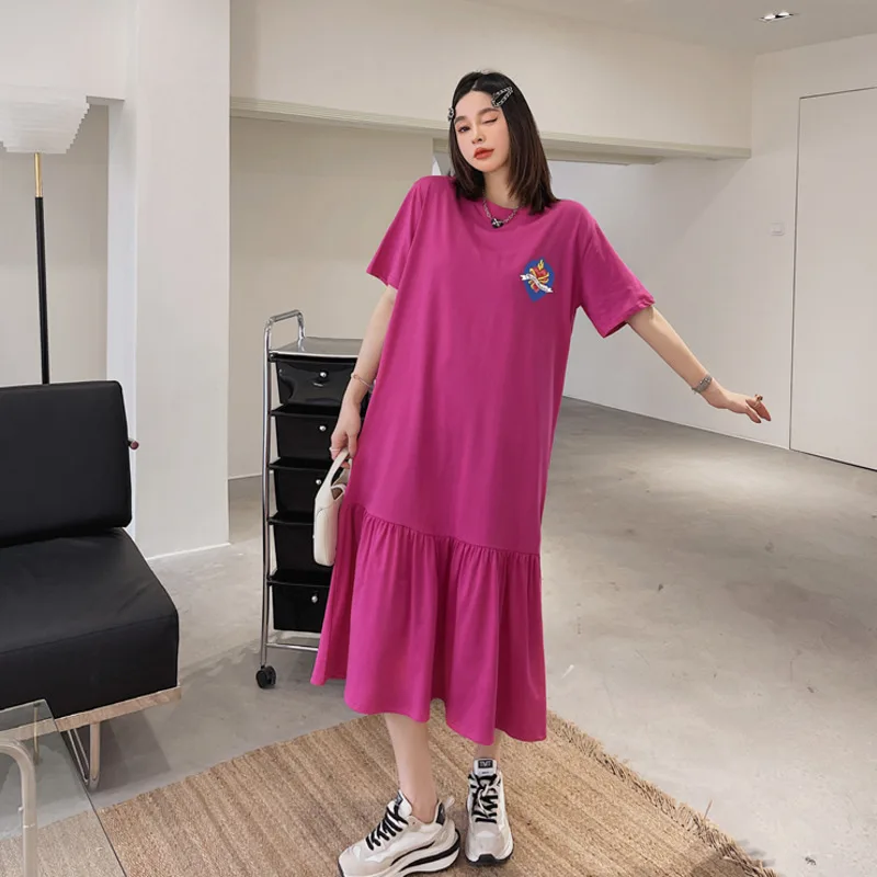 

#6319 Summer Printed T Shirt Dress Short Sleeve Cotton Ruffle Tshirt Dress O-neck Preppy Style Midi Dress Femme Loose Streetwear