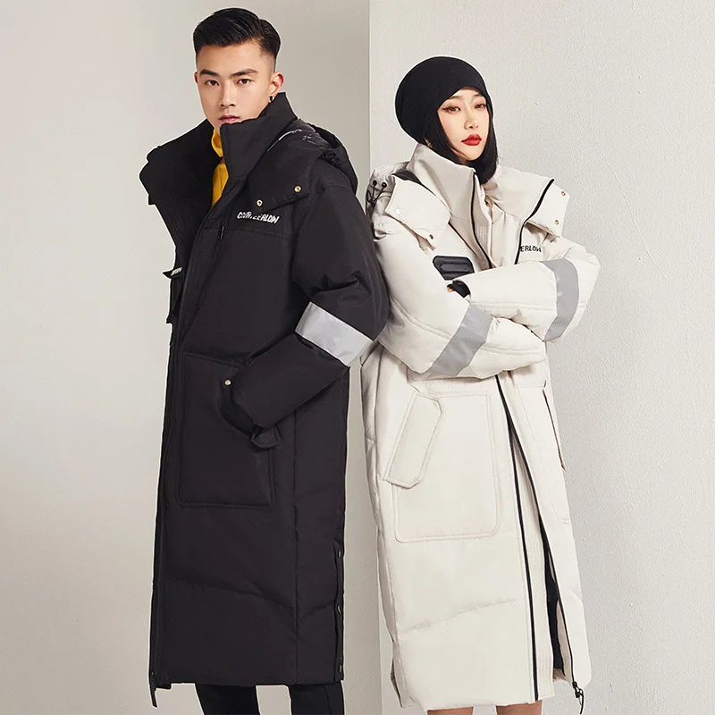 White duck down mid-length down jacket men and women winter 2022 white over-the-knee workwear pie over hooded warm jacket