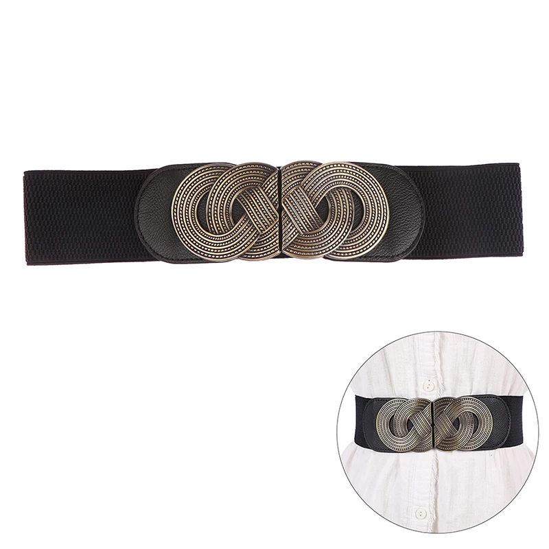 

Vintage Elegant Black Wide Elastic Waistband Metal Buckle For Women Coat Dress Decoration Belts