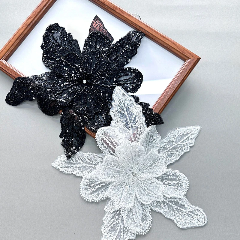 1 шт. Блестящий вышитый бисером цветочный воротник аппликация белая кружевная