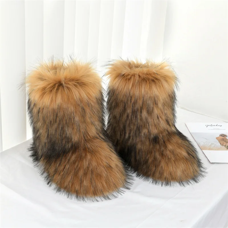 

2023 Winter Fluffy Fur Boots Women Sexy Furry Snow Boots Plush Warm Ladies Outdoor Footwear Faux Fox Fur Luxury Women's Shoes