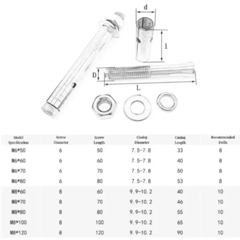 Carbon Steel Color Galvanized M6 M8 M10 M12 M14 M16 M18 M20 Hexagonal Head Expansion Screw Concrete Sleeve Anchor Bolt