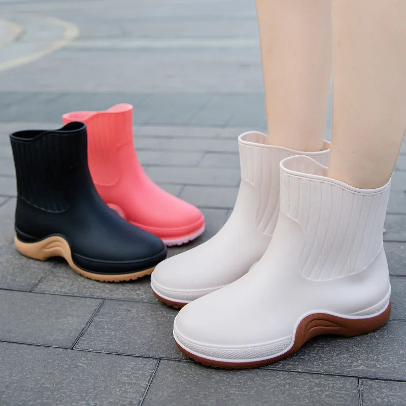 Women Mixed Colors Rain Boots Female Outdoor Non-slip Waterproof Work Water Shoes Winter Fashion Warm Rainboots
