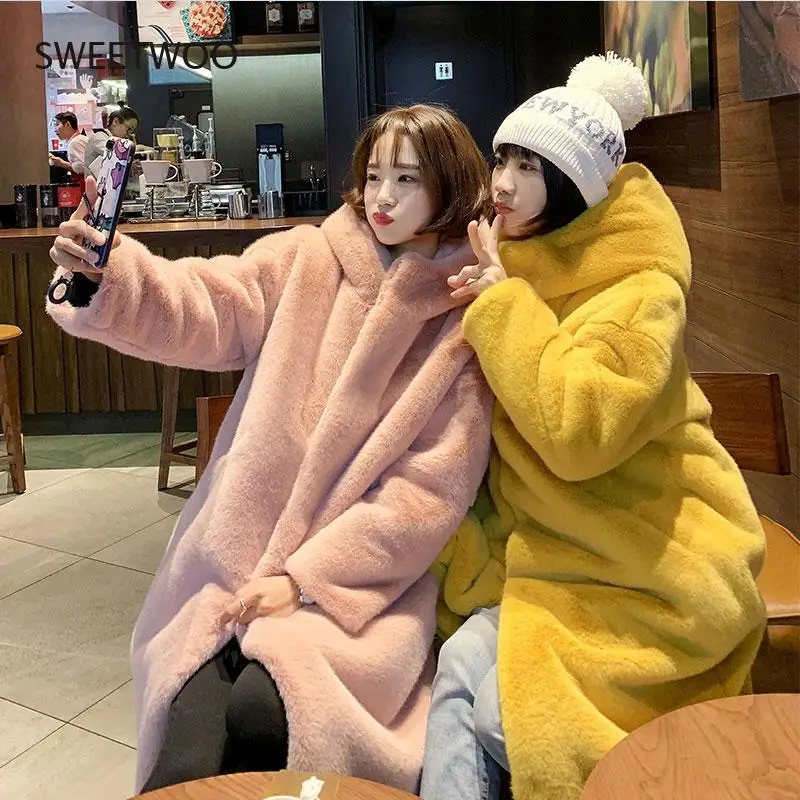 2021 Winter Hooded Women Faux Fur Coat Ladies Thick Warm Outwear Long Fur Jacket Casaco Feminino Inverno Tedy Contracted Slim