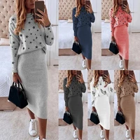 1 set blouse skirt five pointed star print high waist autumn winter bodycon pencil skirt suit for daily wear