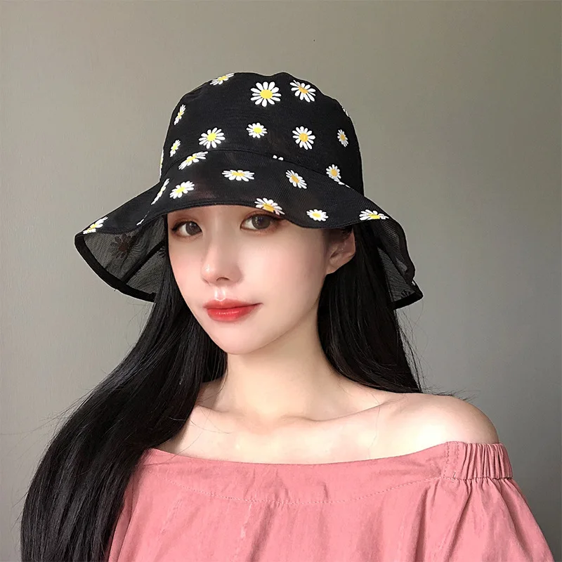 

Daisies Embroidered Bucket Hat Women Bob Soft Lace Flower Transparent Gauze Panama Basin Cap Girls Summer Daisy Fishing Sun Hats