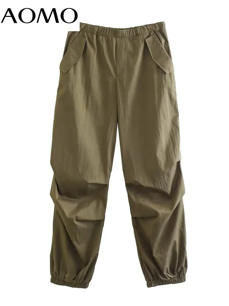 

AOMO Women 2022 Pleats Knee Jogging Pants Vintage High Elastic Waist Female Trouser 4N27A