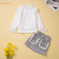 newest autumn children girls full sleeve lace flower top blouses plaid packet skirts kids baby clothing set 2pcs 1 6y
