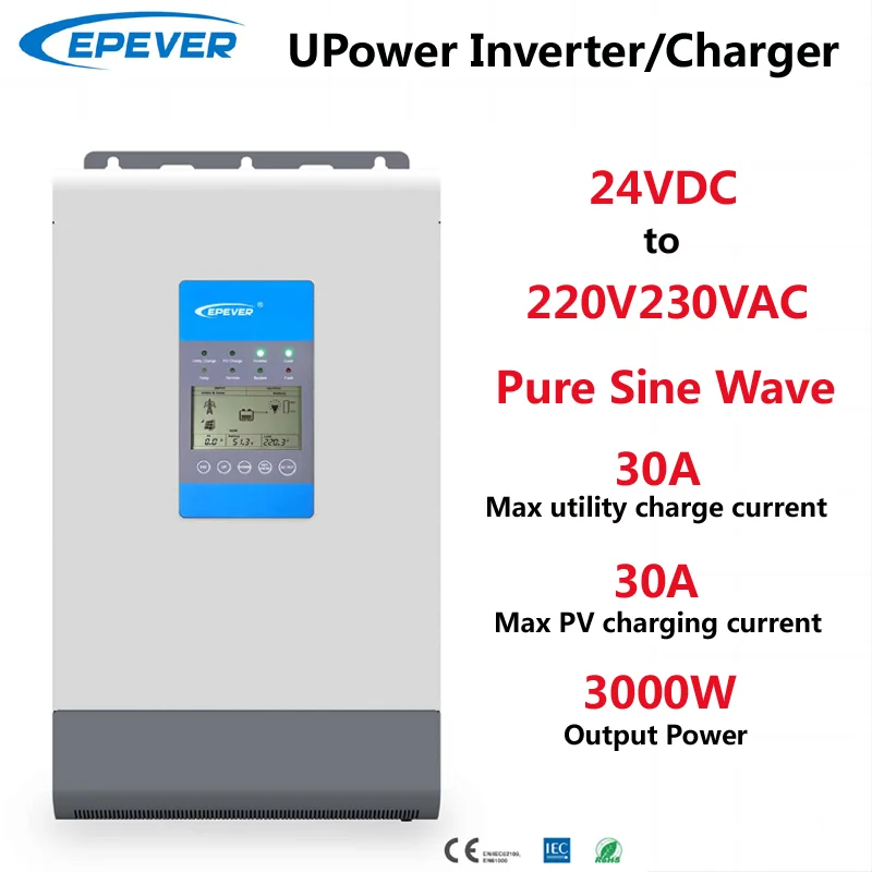 

UP3000-M3322 EPEVER 3000W Inverter 24VDC To 220V230VAC Combine 30A Charger 30A MPPT Solar Charge Controller 3KW Pure Sine Wave