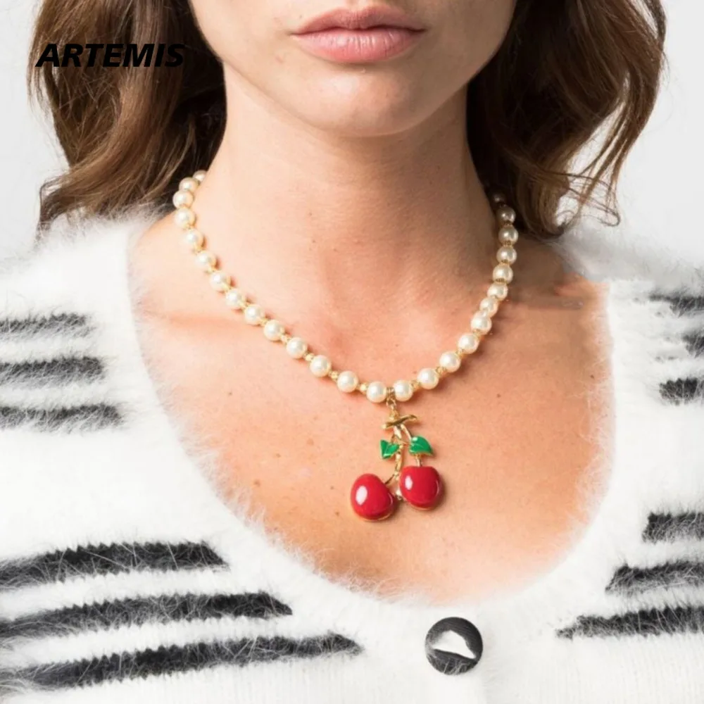 

Europe America Designer Pearl Cherry Necklace Women High Quality Jewelry Girl Gift Trend