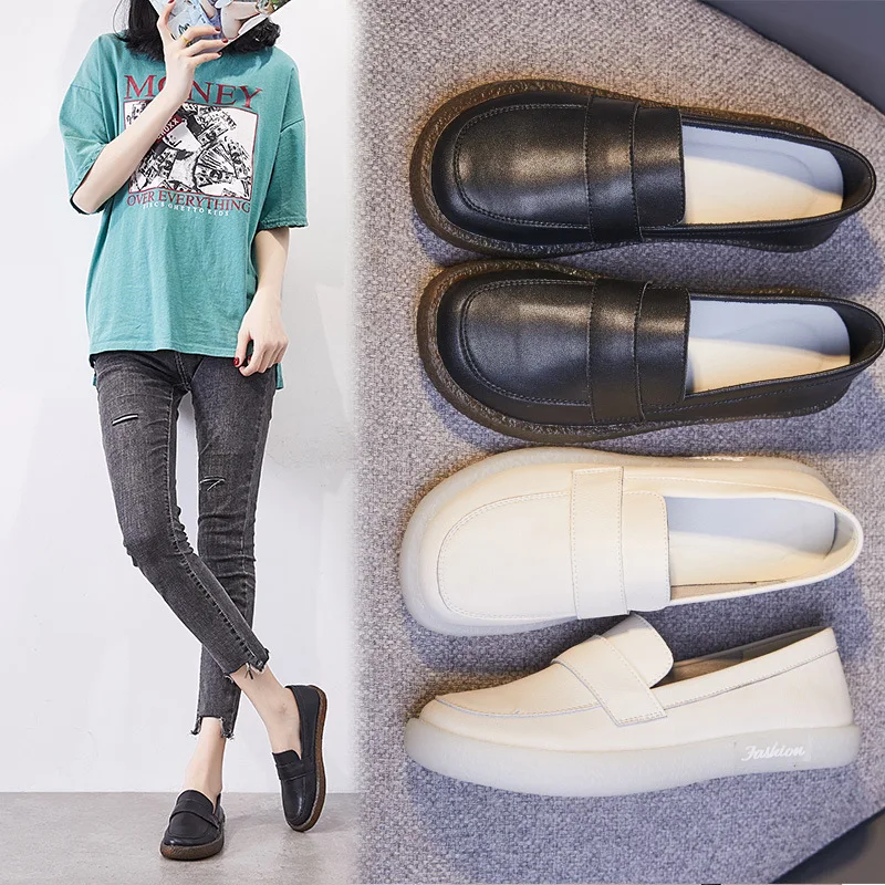 

Большие женские туфли, Новинка лета 2023, британская Универсальная кожаная обувь с мягкой подошвой, маленькие белые туфли Lefu, обувь для медсестер и беременных