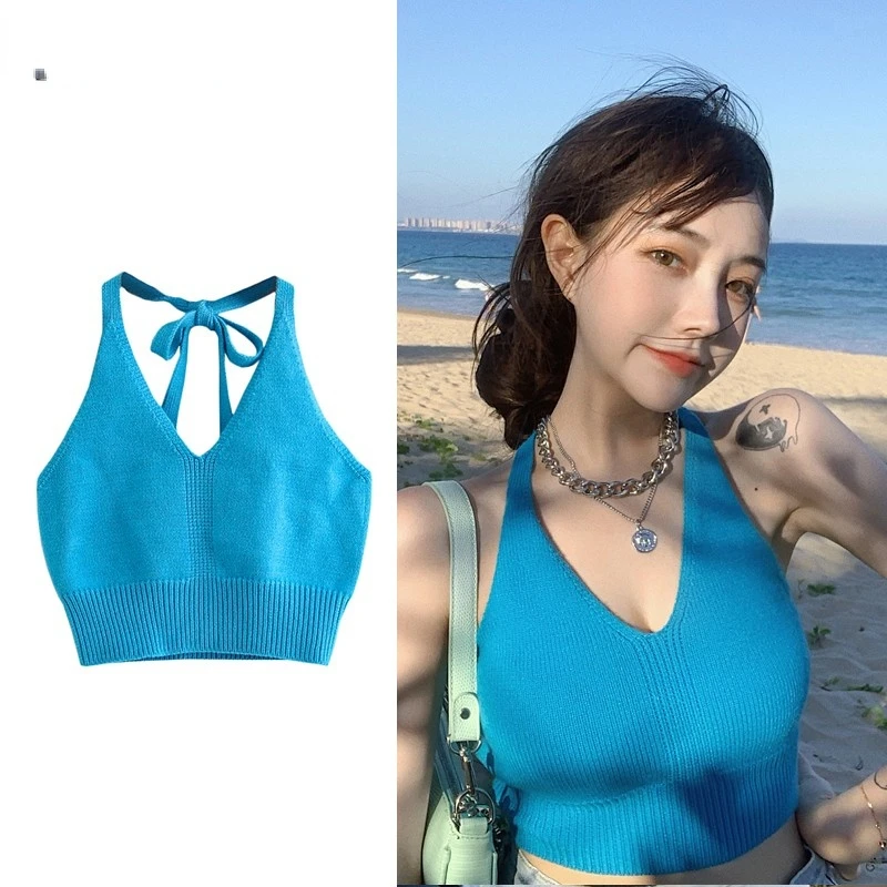 

EBAIHUI Blue Halterneck Camisole 2022 New Korean Style Sweet Sexy Style Women's Knitted Crop Top 2022 Summer Solid Slim Camis