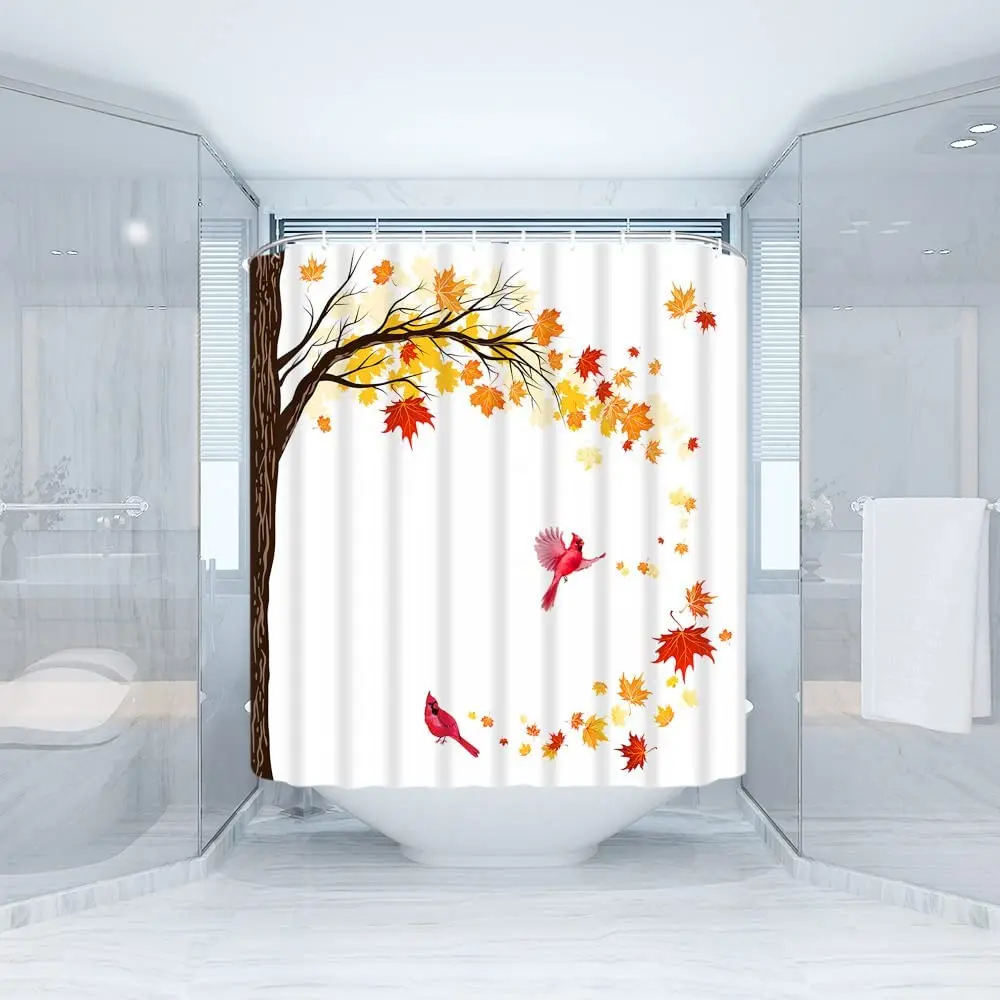 

Занавеска для душа из Красного клена, Осенний тканевый Декор для ванной комнаты, в деревенском стиле, с рисунком дерева, птицы, Листьев, винт...