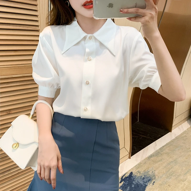 

Retro pointed collar middle sleeve shirt women's summer 2021 new design is chic short jacket and foreign blouse,829b,hai,0317-20