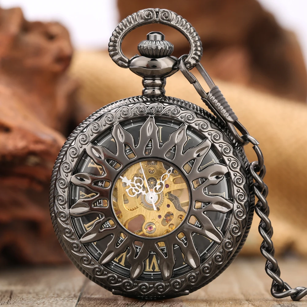 Gold Roman Numerals Dial Manual Mechanical Pocket Watch Hollow Black Sun Pattern Vintage Pendant Man Clock Fob Chain