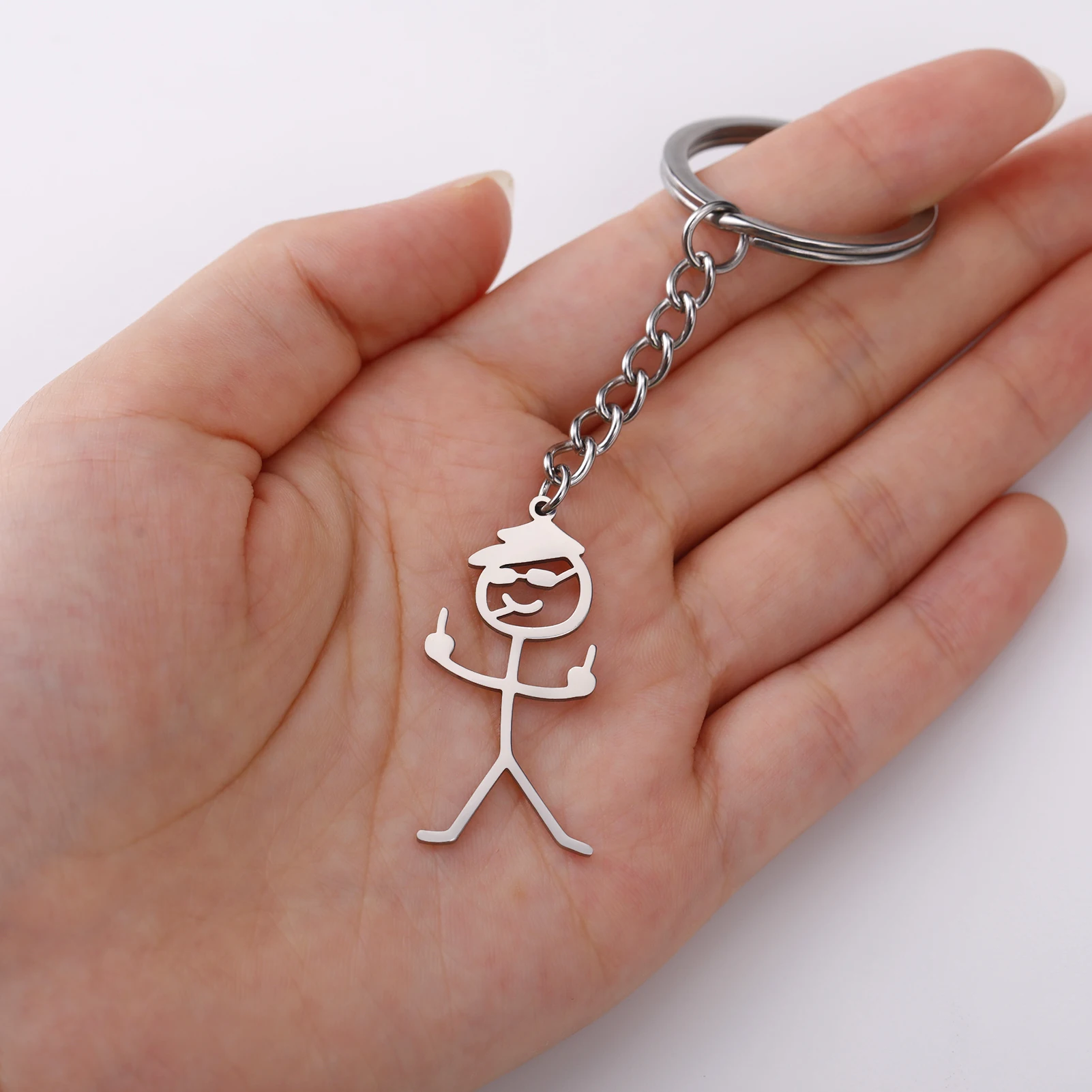 

Teamer Funny Middle Finger Wearing Hat Smoking Stickman Keychain Cool Trend Stainless Steel School Bag Car Key Pendant Keyrings