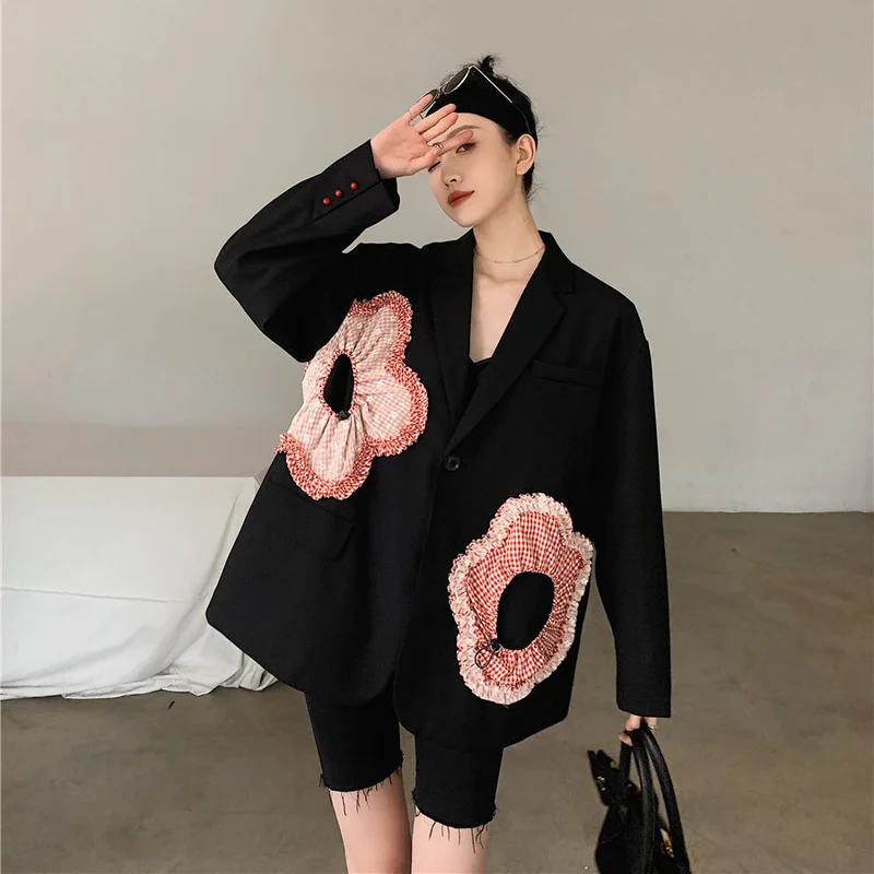 Fashion Office Blazer with Big Flowers Embroidery 2021 New Women Simple Single Button Casual Commute Blazer Suit with Pocket