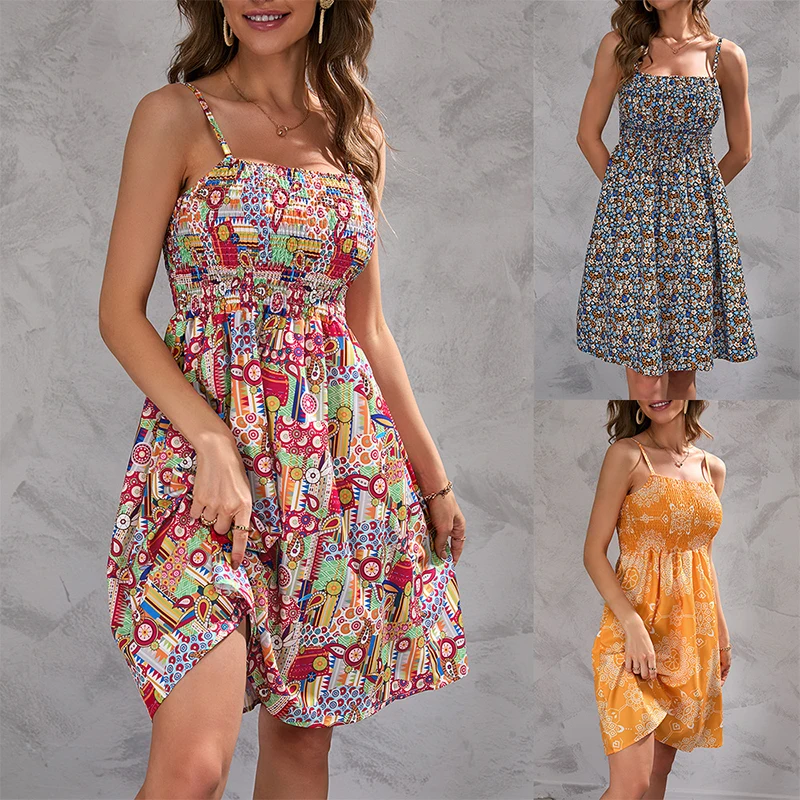 

2023 New Summer Print Wrapped Chest Strap Dress Birthday Dress for Women
