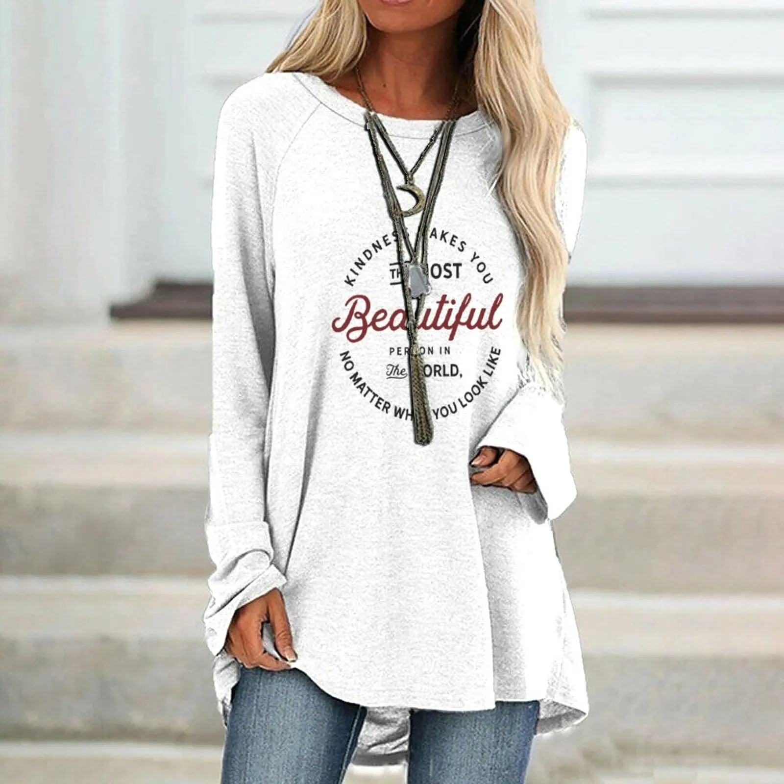 

New women's new fashion White long-sleeved women's eyebrow eye casual top fashion trend affordable