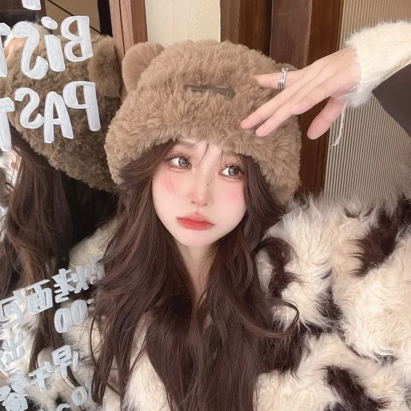 Милая осенне-зимняя вязаная шерстяная шапка с медведем и защитой ушей женская