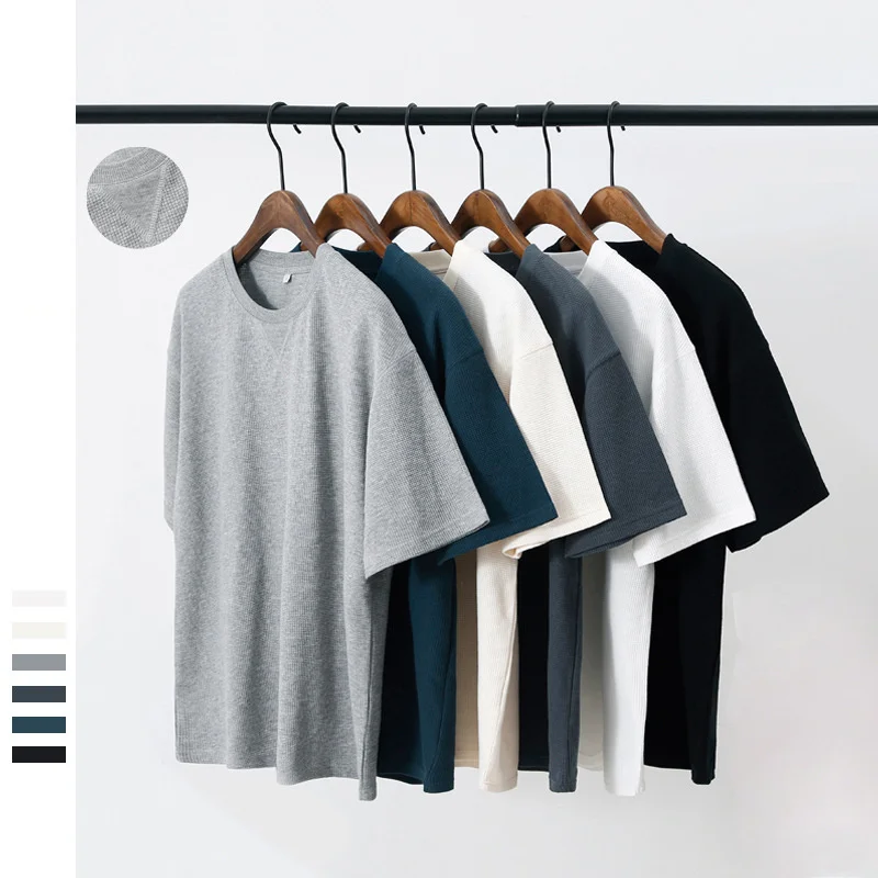 

Waffle Breathable Fitness Workout Short Sleeved T-Shirt Men Crew Neck Solid Casual Sport Gym Tee Top Loose Street Wear Plus Size