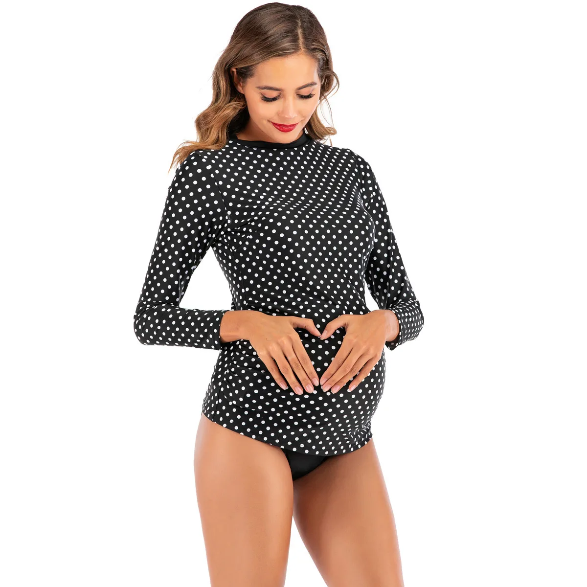

New Maternity Swimsuit Sunscreen Long Sleeve Classic Wave Point Two-piece Suit Maternity Bikini Swimsuit