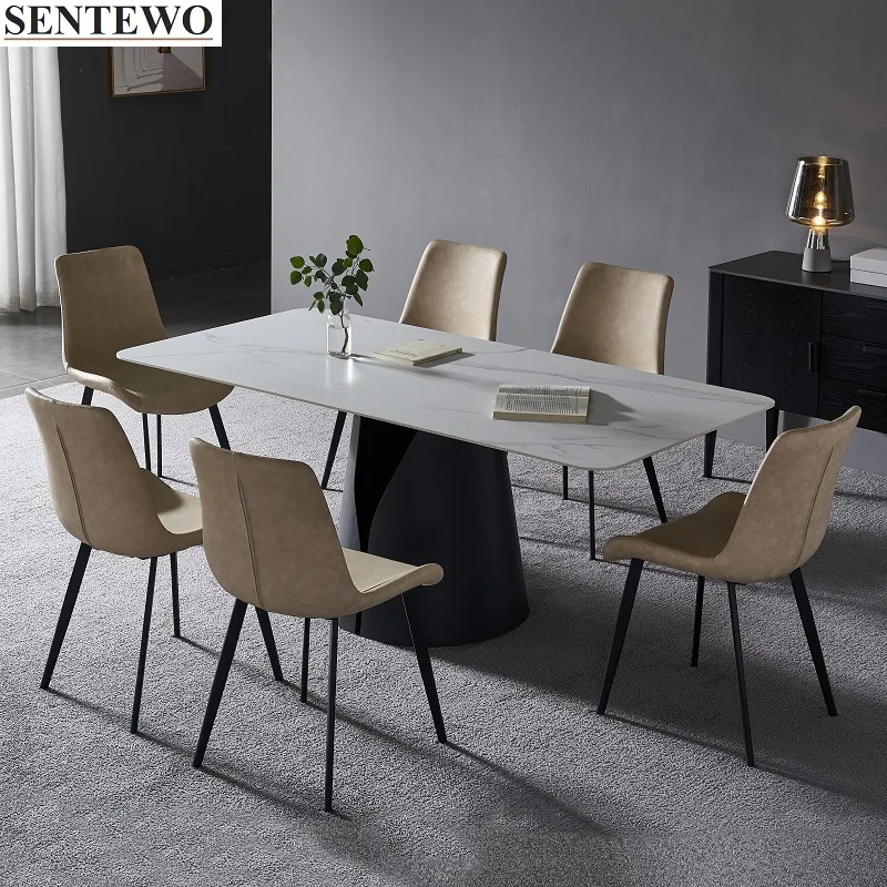 

Ltalian Rock Slab Kitchen Dining Table Set 6 Dinning Chairs Carbon Steel Base Faux Marble Table Dinner Chair Mesas De Comedor