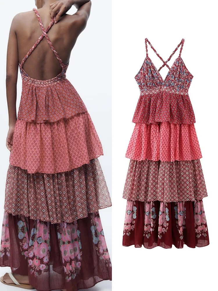 

TRAF New Printed Laminated Ruffle Dress For Women 2023 Summer Holiday Style Fashion Female Deep V-Neck Sleeveless Backless Dress