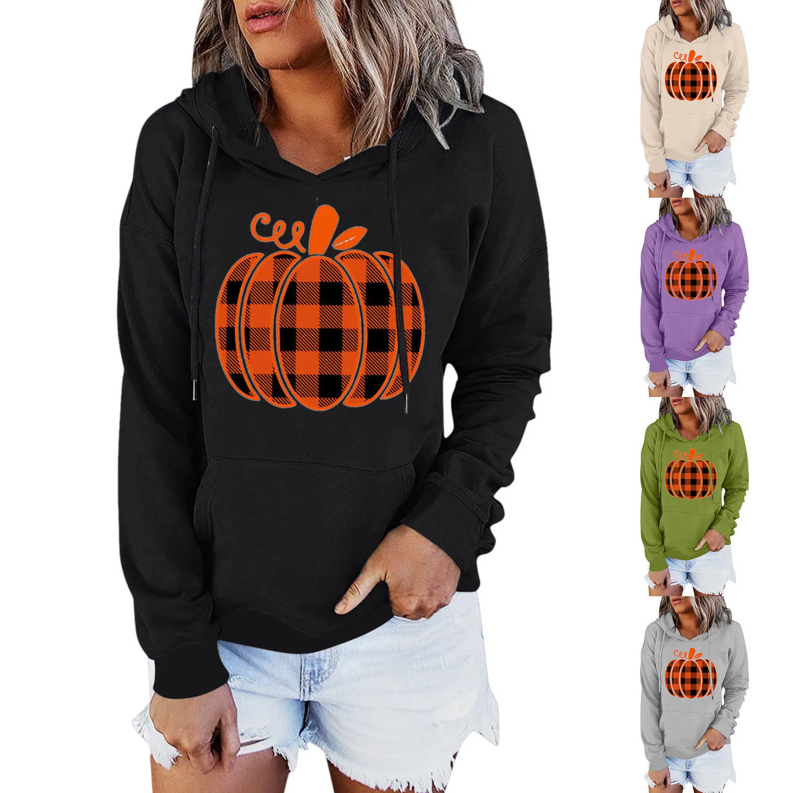 

Women Halloween Hooded Pocket Drawstring Long Sleeves Pumpkin Printing Sweatshirt Top Zip Front Hoodies for Women