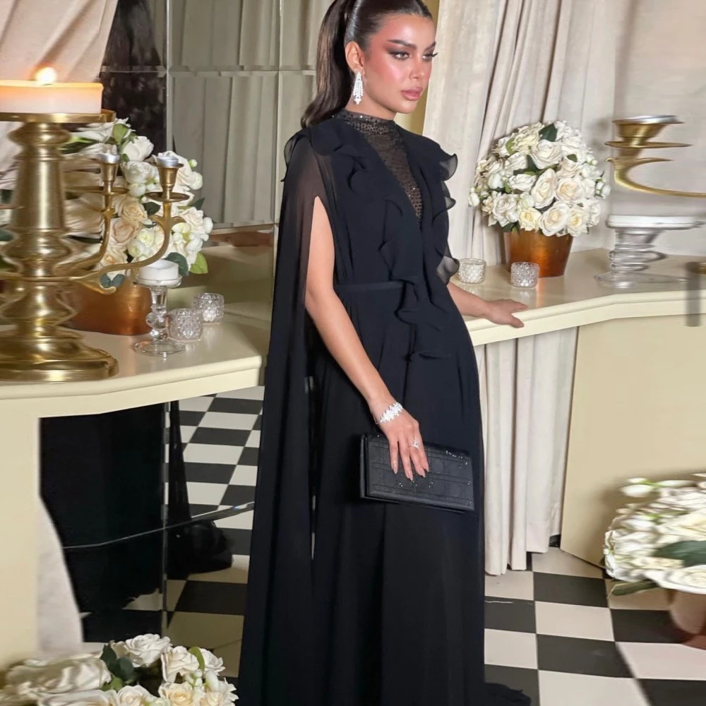 

Elegant High Collar Chiffon Black Beading Prom Dress for Women Floor-length Evening Party Gown Formal Dresses فساتين السهرة