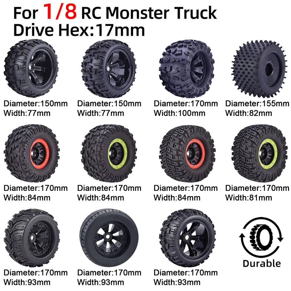 

RC Tire 170MM 155MM 150MM Tyre Weel Monster Truck Tires Wheels 17mm Hub Hex for 1/8 RC Car HSP HPI Redcat Traxxas Trx4