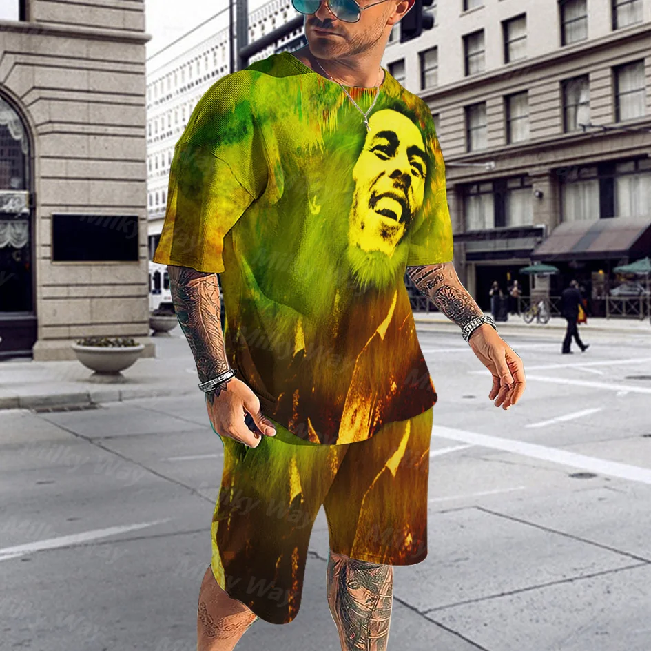 3D Men's Summer Beach T-shirt Suit Sportswear Men's Oversized Clothing Top Shorts Suit Men's Street Casual Two-piece Men