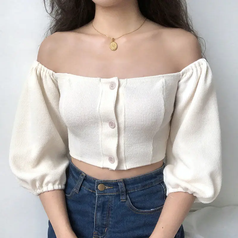 

Women Sexy High waist knitting Bubble sleeves Crop Tops