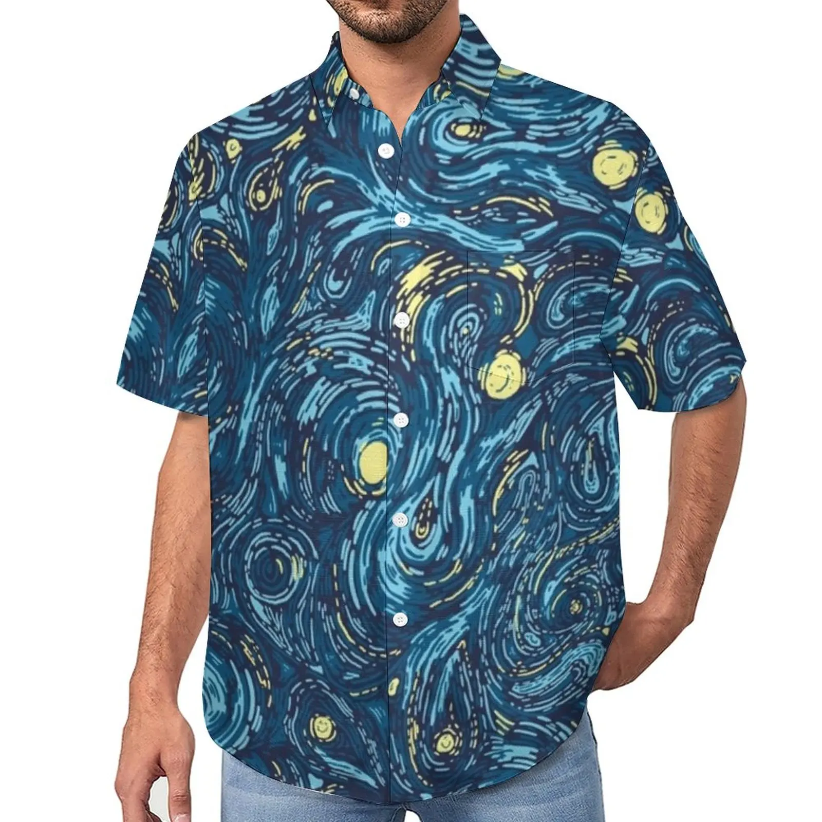 

Starry Night Loose Shirt Mens Vacation Van Gogh Casual Shirts Summer Design Short Sleeve Streetwear Oversized Blouses