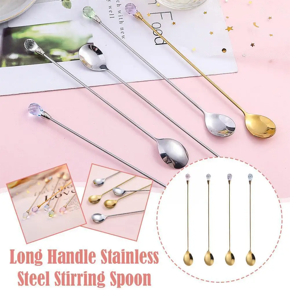 

New Long Handled Stainless Steel Stirring Spoon Creative Diamond Gold Color Dessert Spoon For Home Kitchen Coffee Stir I8O7