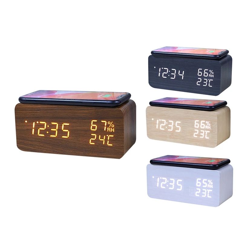 

Цифровой будильник, будильник с светодиодный Рой и влажностью, светодиодные электронные часы Беспроводная зарядка для смартфона