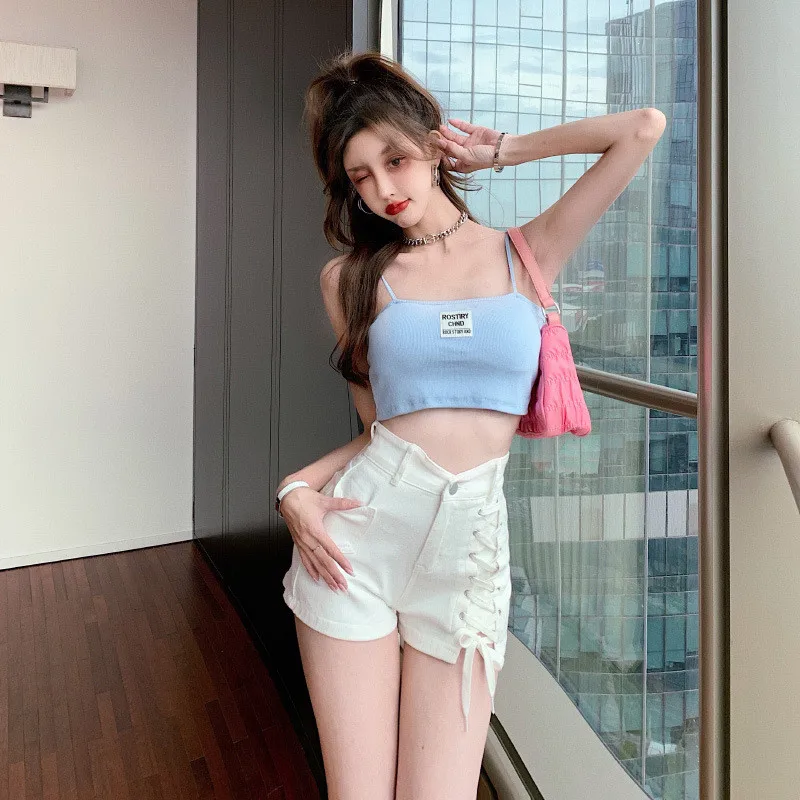UHYTGF Summer Denim Shorts Women High Waist Lace-Up To Show Thin Outer Wear A-Word Light Colour Pants New Ladies Jeans Shorts 02