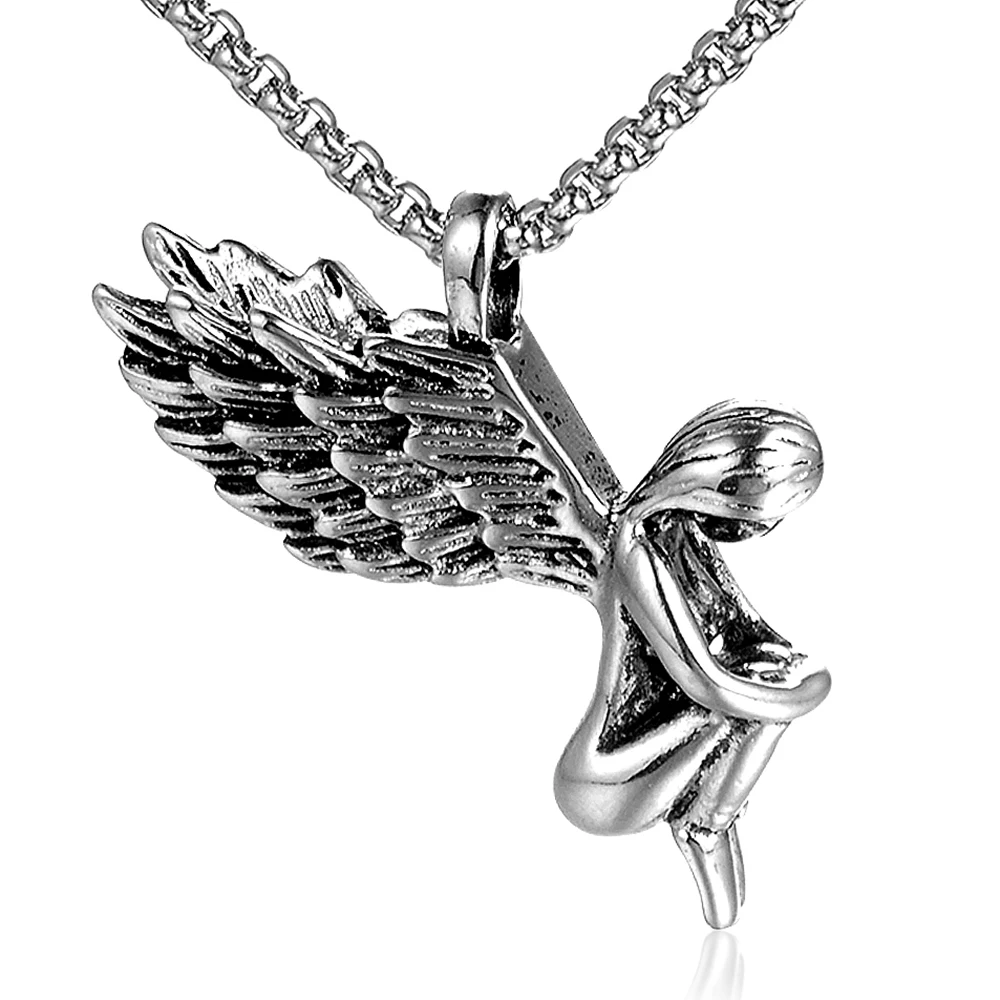 

European and American Amazon stainless steel necklace men's accessories wholesale vintage angel wings titanium steel pendant