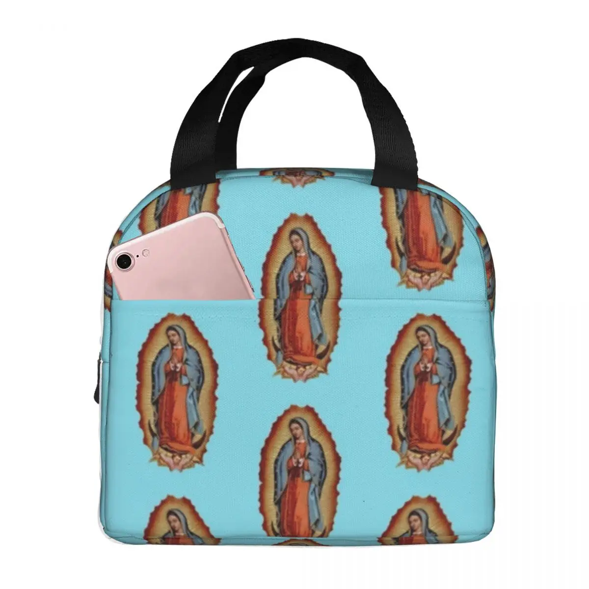 

Virgin Mary Maria Lunch Bag with Handle Diego De Guadalupe Modern Cooler Bag Cooling School Meal Thermal Bag