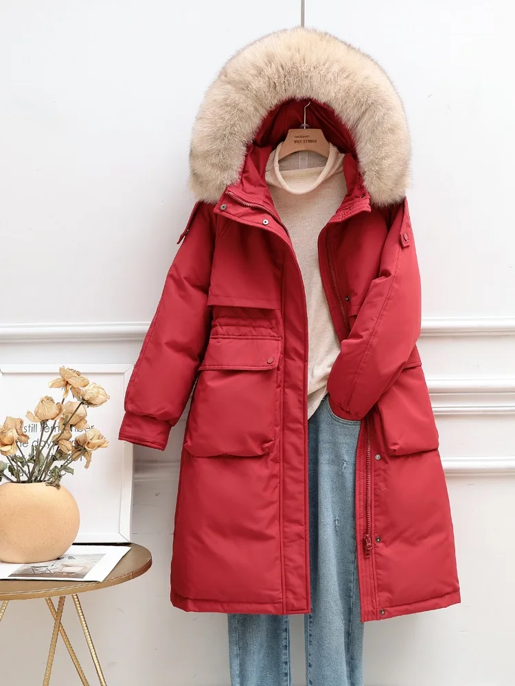Women Long Down Jacket New Casual Style Fox Fur Collar White Duck Down Jackets Autumn Winter Coats And Parkas Female Outwear