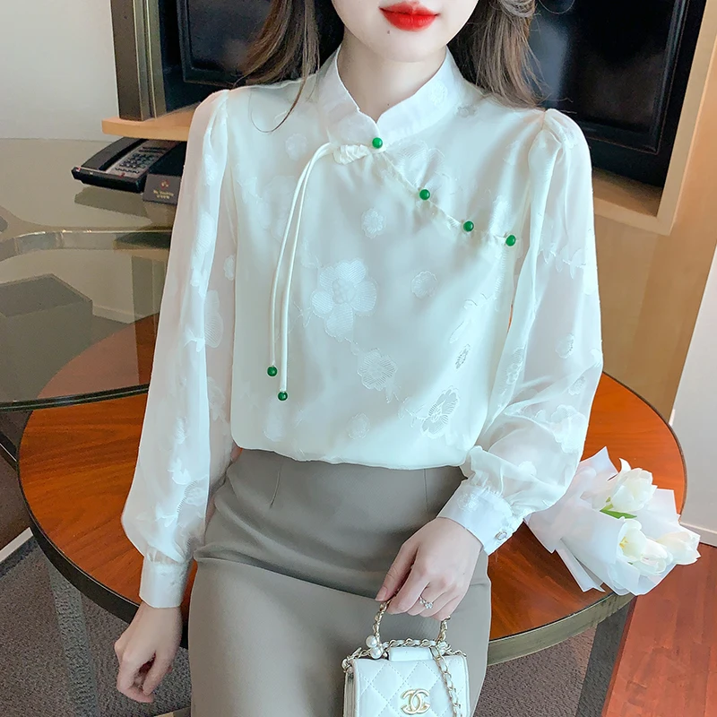 

Autumn Women's Long Sleeve Stand Collar Shirt Sleeve Solid Chinoiserie Button Jacquard Chiffon Blouse Women Tops Camisas A304