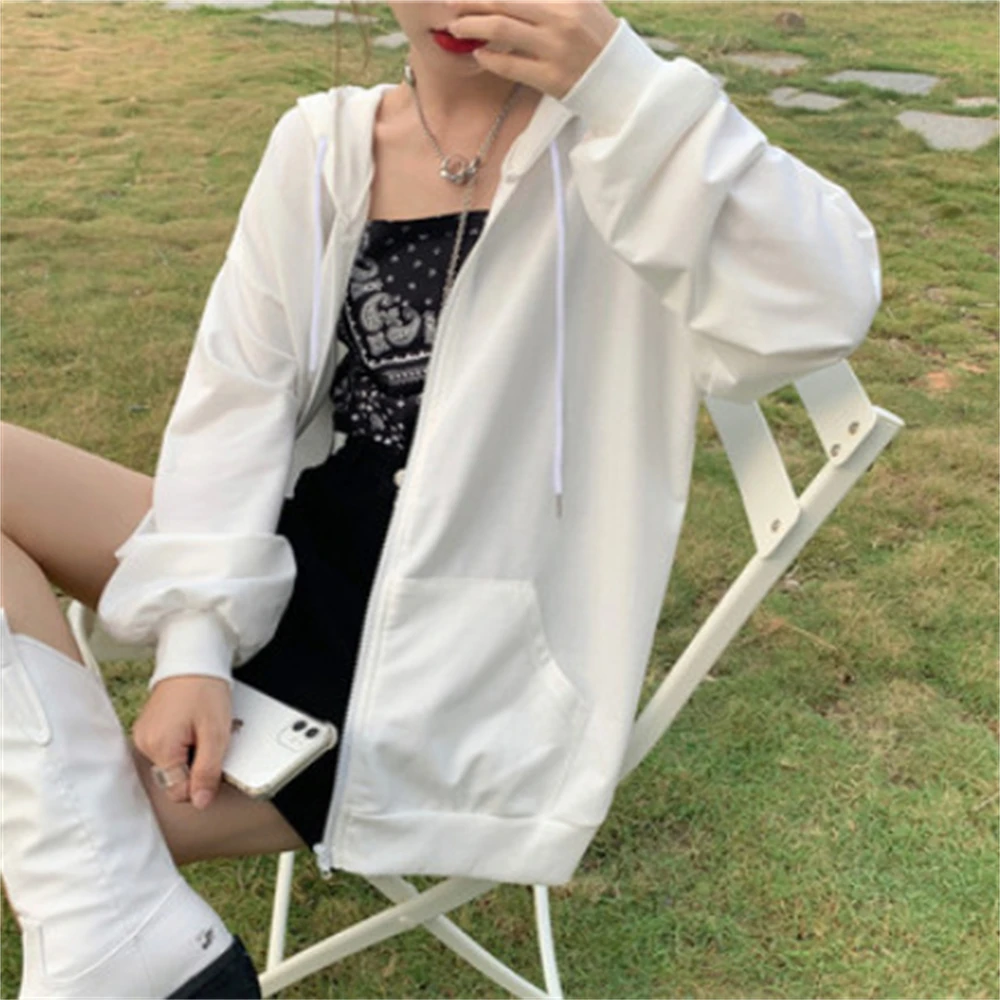 

Korean Fashion Zip Up Hoodie for Teen Girls Solid Color Kangaroo Pocket Oversized Sweatshirts Casual Loose Women Blouse Tops