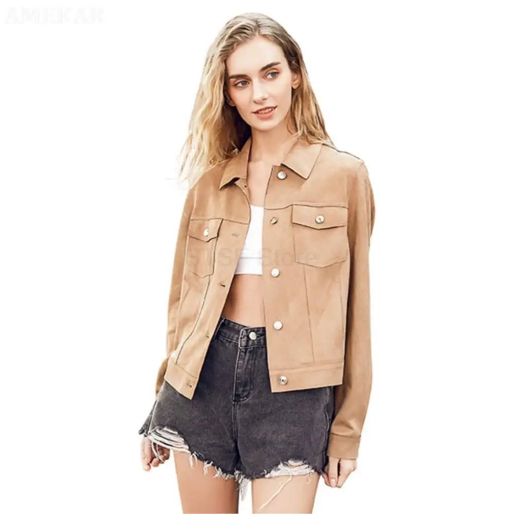 Women's Real Suede Cardigan Modern Trucker Jacket Snap Button Real Suede Jacket Fashion Designer Long Sleeve Pure Color Outwear