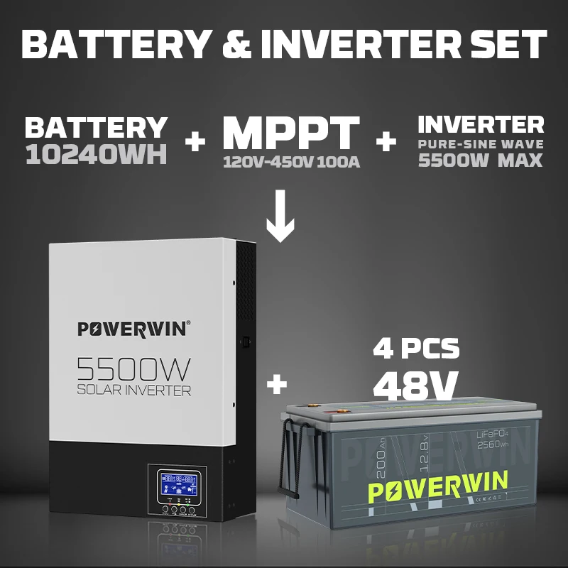 Гибридный солнечный инвертор POWERWIN BT200 LifePO4 12 В 200 Ач/2560 Втч HI5500 5500 Вт 48