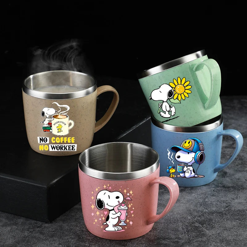 Фото Кружка Snoopys из нержавеющей стали 304 с соломинкой из пшеничного волокна, милая аниме-кружка для кофе, молока, воды, домашняя, противоожоговая, стеклянная, подарок №2
