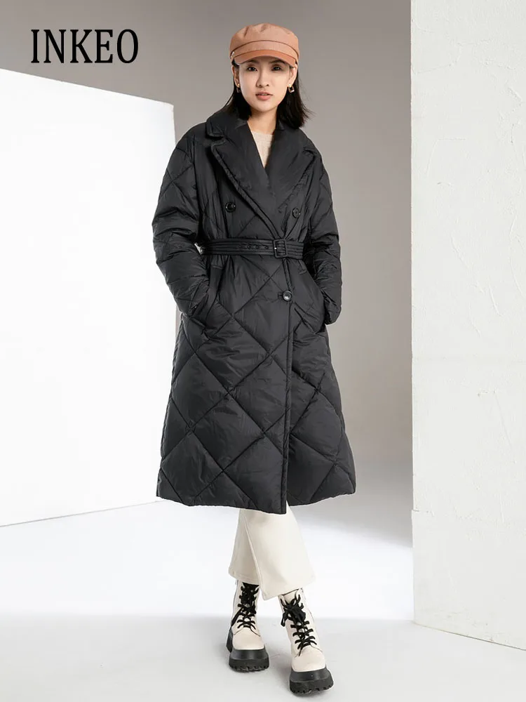 

Luxury Notched collar down jacket with sashes women's 2023 Winter Loose Long puffer coat Warm Black White Outwear INKEO 3O217