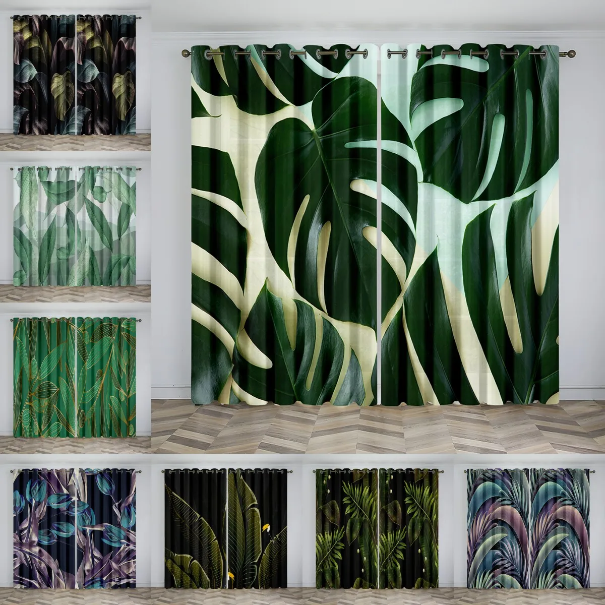 

Nordic Tropical Green Plant Monstera Leaves Tulle Window Treatment Sheer Curtains for Living Room the Bedroom Decoration