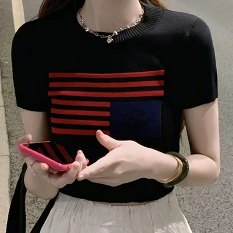 

Fashion All-Match Korean Version Commuter Knitted Round Neck Short-Sleeved Women'S Summer Slim Waist Beautiful Thin T-Shirt Top