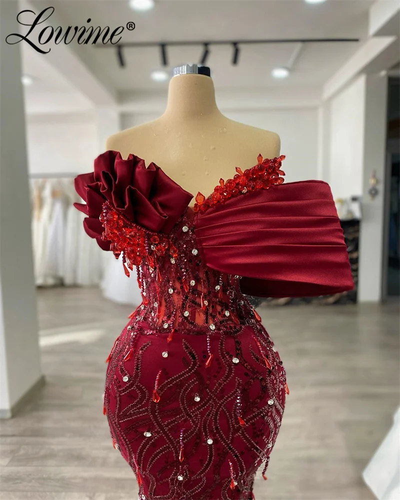 Customized Burgundy Mermaid Evening Dress Off The Shoulder Ruffles Crystals Dubai Woman Formal Party Dresses Vestidos De Fiesta