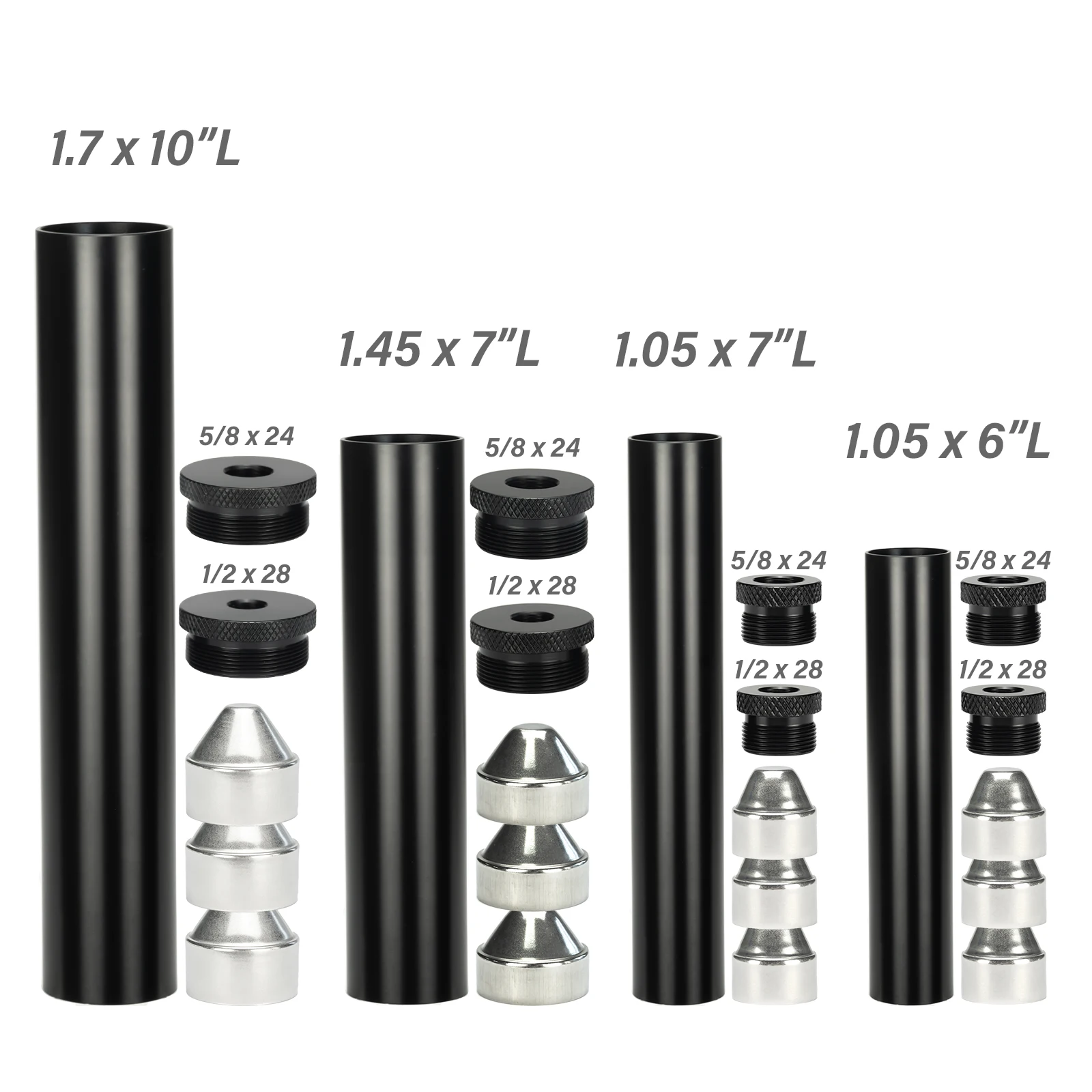 

1.7x10'', 1.45x7'', 1.05x7'', 1.05x6'' Solvent Cleaning Filter Tube 9pcs Stainless Steel Cups with Two End Cap (1/2-28+5/8-24)